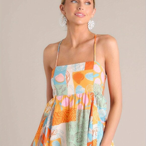 Spaghetti Strap Seashell Pattern Tie Back Summer Mini Dress - Picture 7 of 8